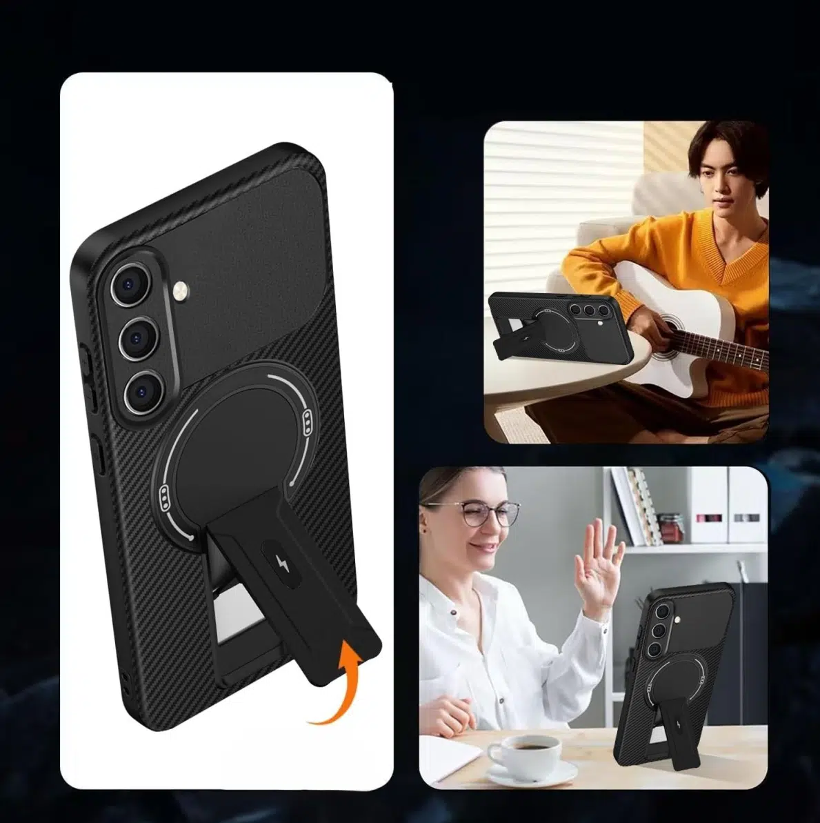 Cityhoesje-Backcover-Carbon Opklapbare Kickstand geschikt voor Samsung A18-A17-A16-Zwart - Afbeelding 2