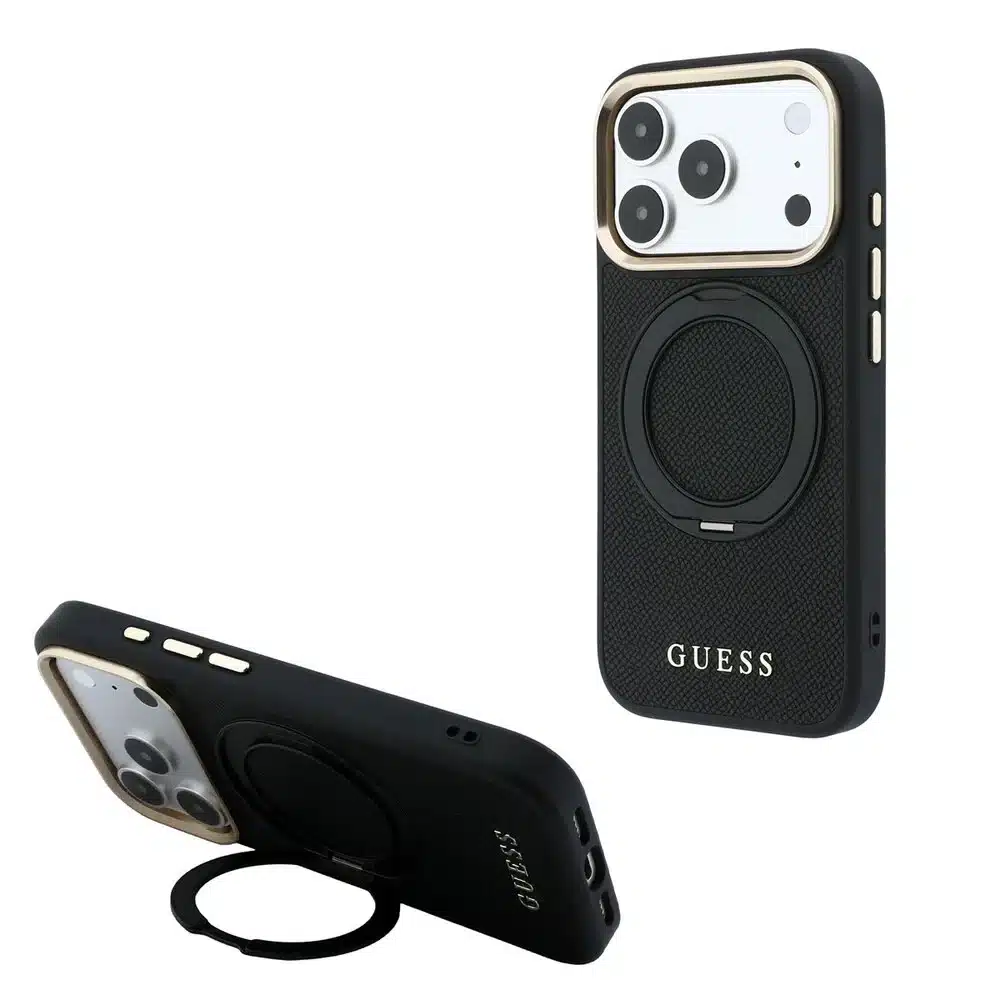 Guess-Backcover-iPhone 18 Pro Max-17 Pro Max-MagSafe-Ring Stand 360 Grained-Logo-Zwart - Afbeelding 1
