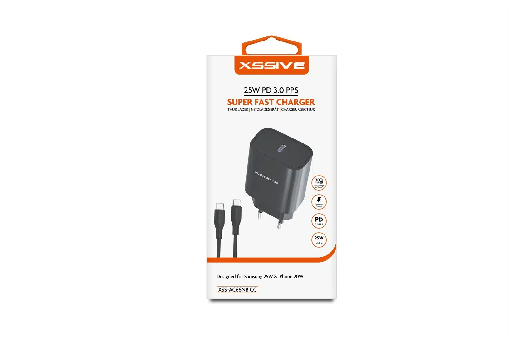 Xssive - 25W PD3.0 Super Fast Charger met USB-C-kabel – Zwart - Afbeelding 2