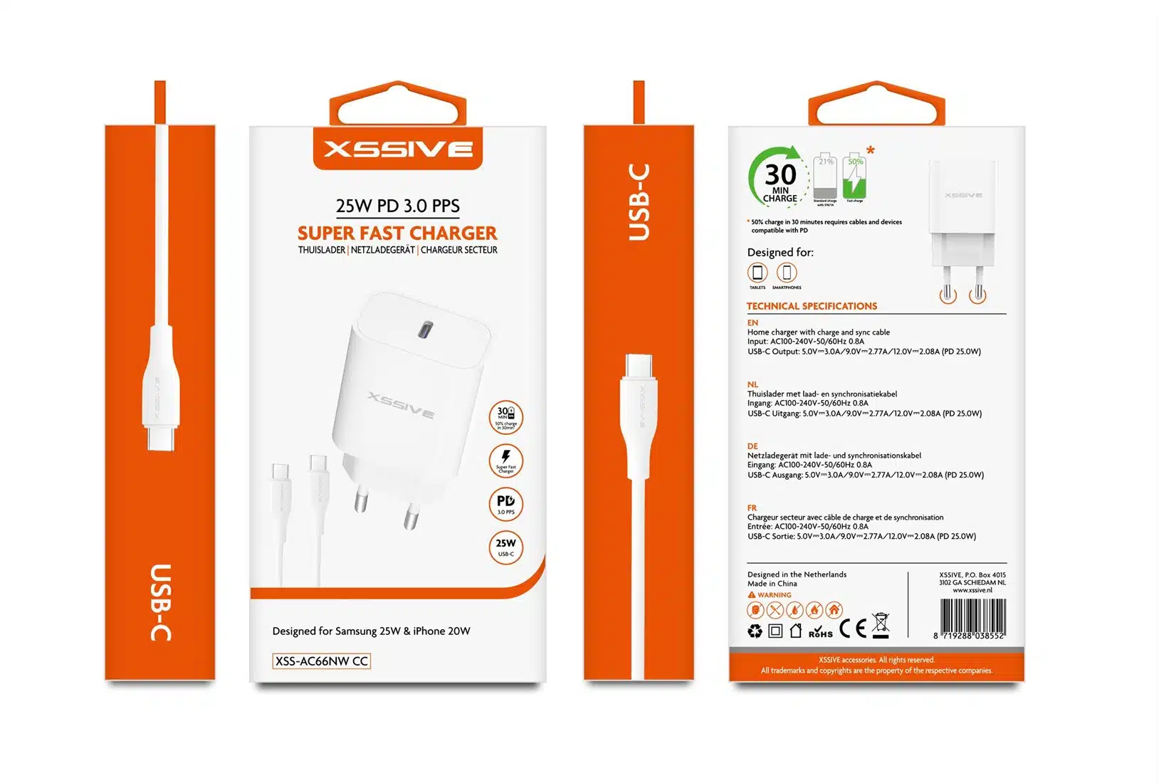 Xssive - 25W PD3.0 Super Fast Charger met USB-C-kabel – Wit - Afbeelding 2